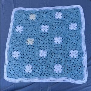 Beautiful Handmade Crocheted Blue And White Granny Square Baby Blanket 30”x30”